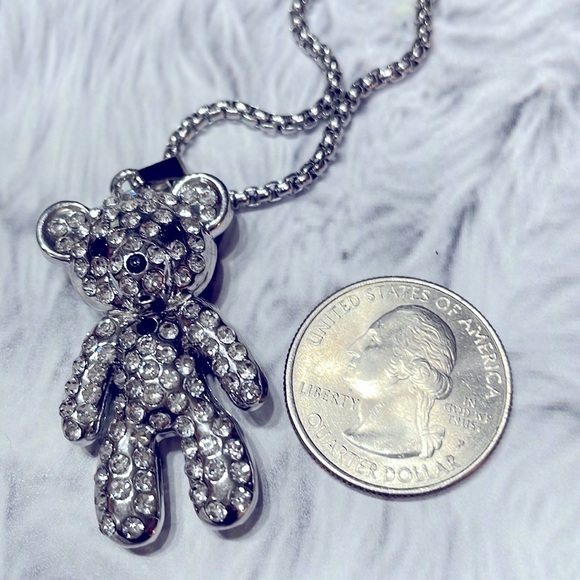 Betsy Johnson Bear Rhinestone Silver Necklace - Picture 15 of 16